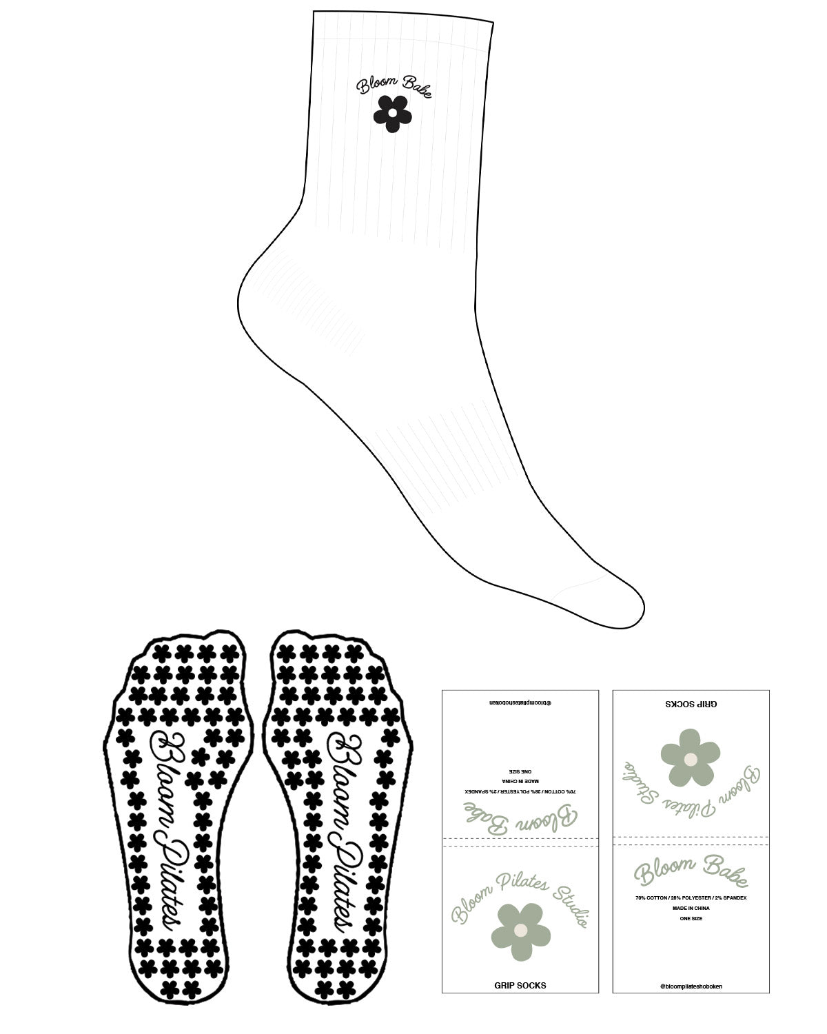 The 3/4 Crew Sock - White - Bloom Pilates - Top Logo - Embroidered - Black - Flower Grip - Black