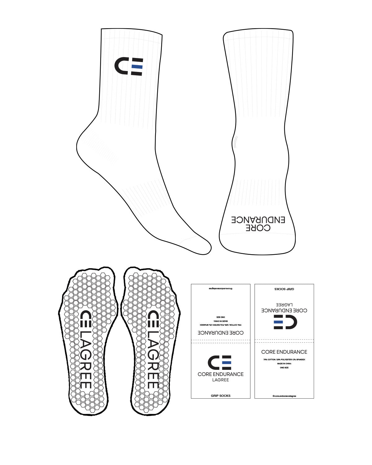 The Crew Sock - White - Core Endurance - Top & Front Logo - Full Color - Hexagon Shape Grip - Black