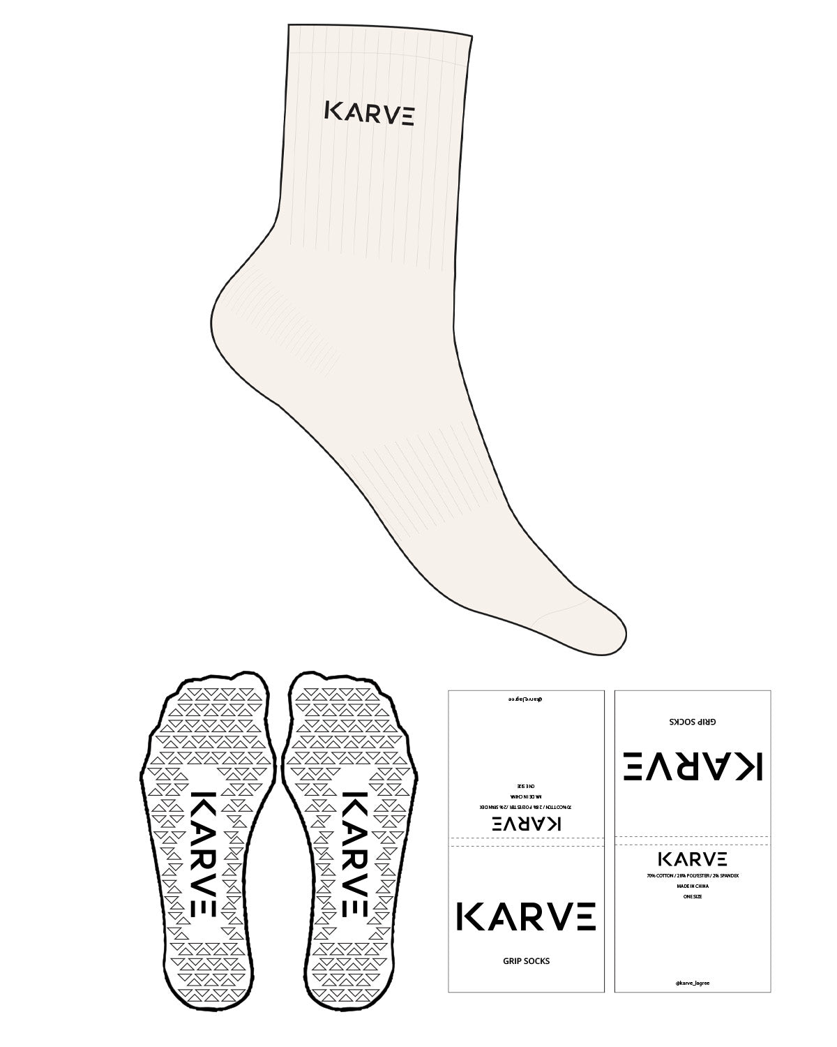 The 3/4 Crew Sock - Off White - Karve Lagree Fit - Top Logo - Embroidered - Black - Triangle Shape Grip - Black