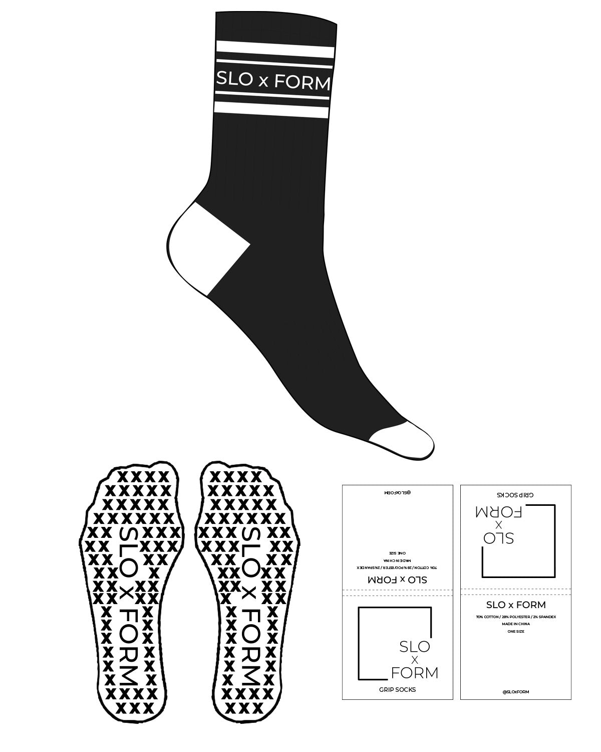The Crew Sock - Black - Slo x Form - 4 Strips - Top Logo - Heel & Toe - White - X Custom Grip - White