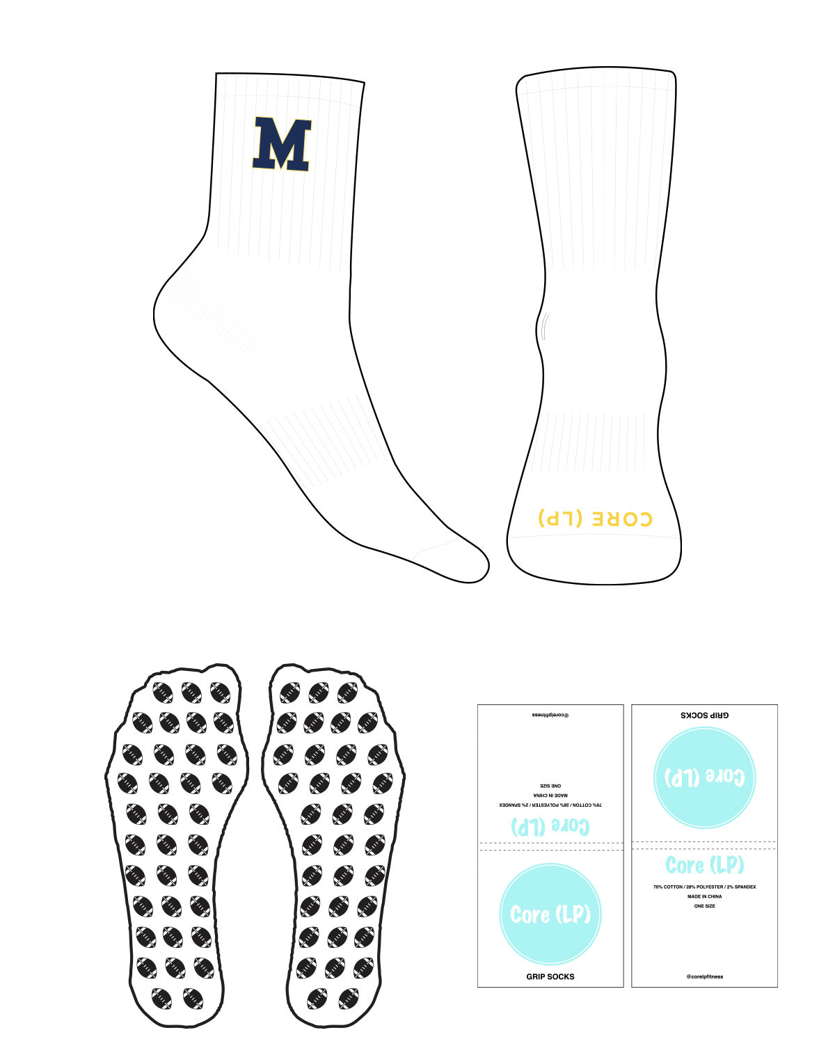 The 3/4 Crew Sock - White - Core LP - Top Logo - Embroidered - Full Color - Toe Logo - Printed - Yellow - Custom Shape Grip - Transparent