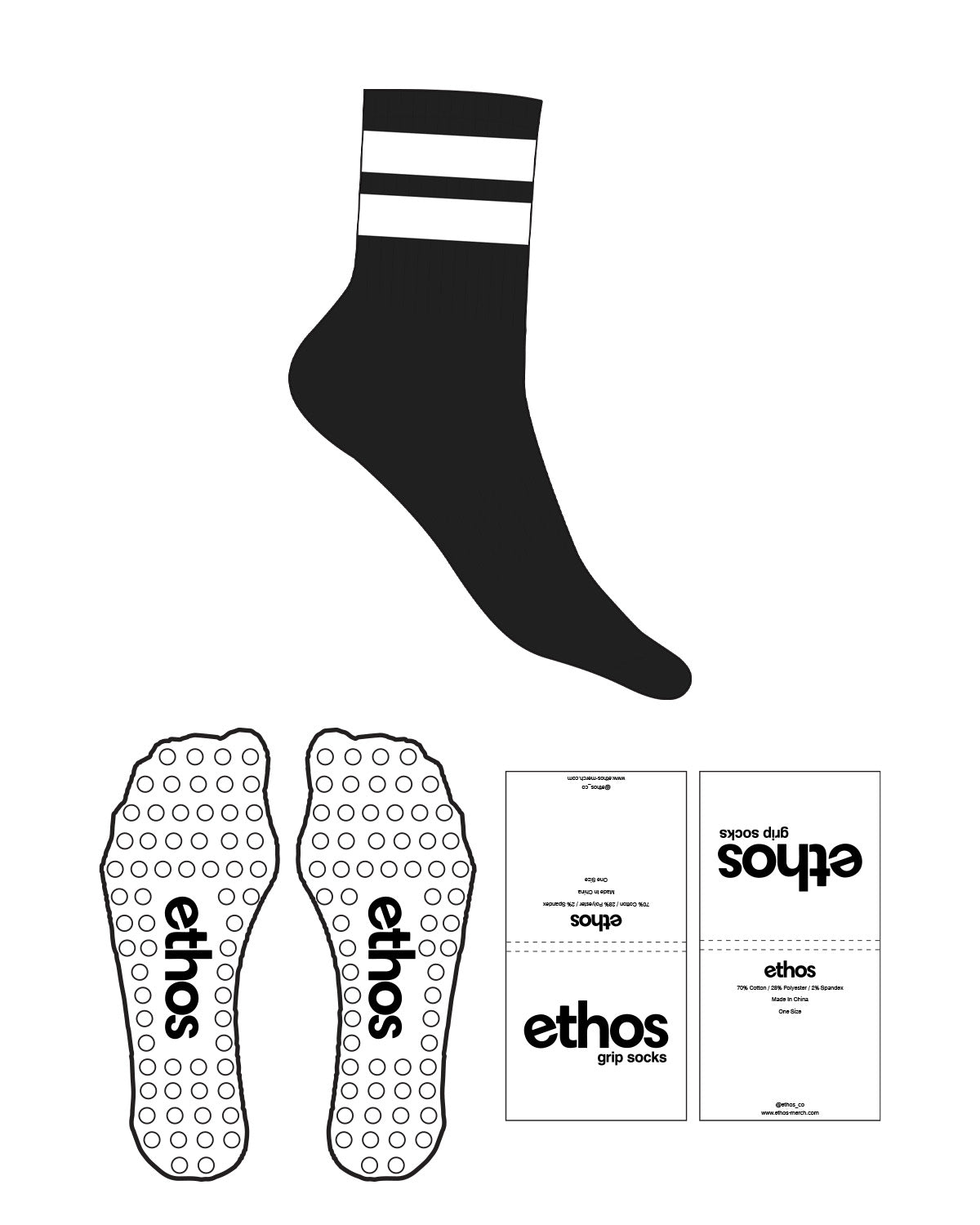 The 3/4 Crew Sock - Black - Ethos Socks - 2 Strips - Circle Grip - White