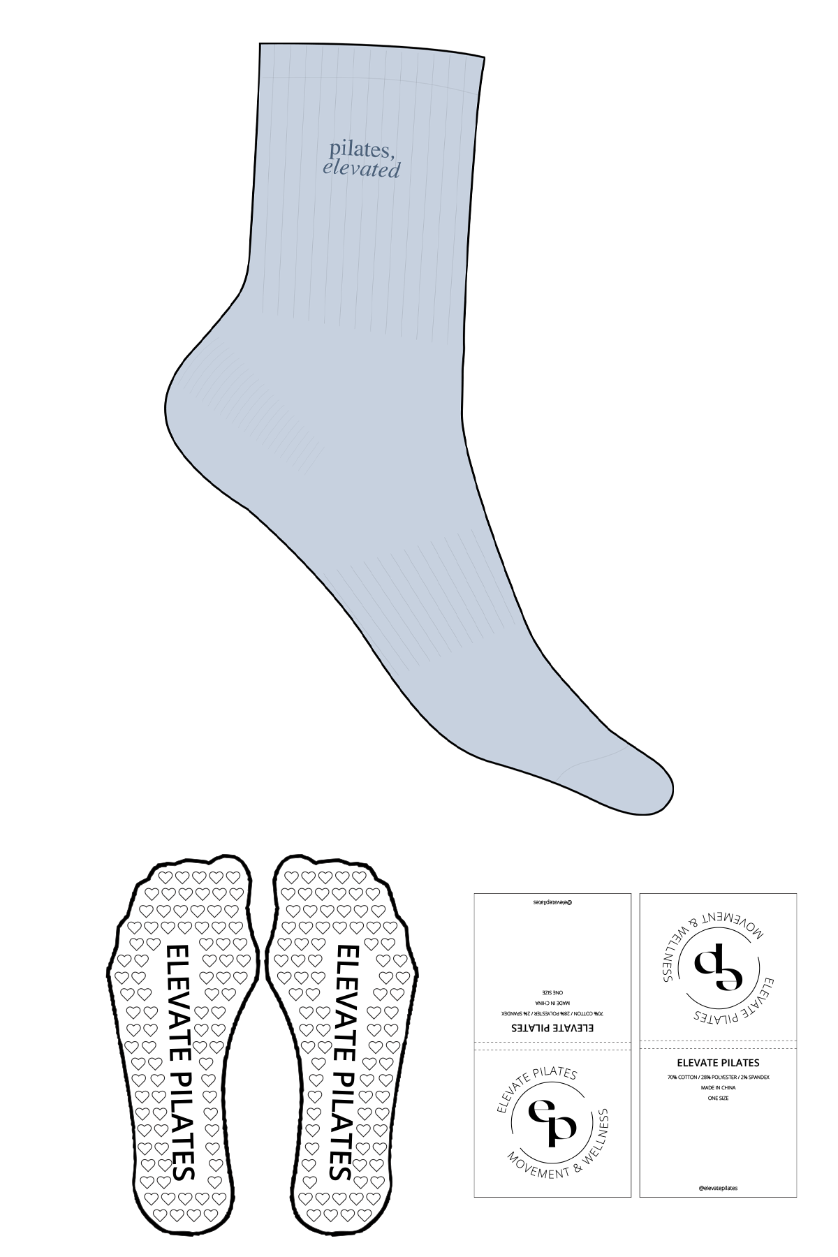 The Crew Sock - Powder - Elevate Pilates - Top Logo Stacked - Embroidered - Tone on Tone - Heart Grip - Transparent