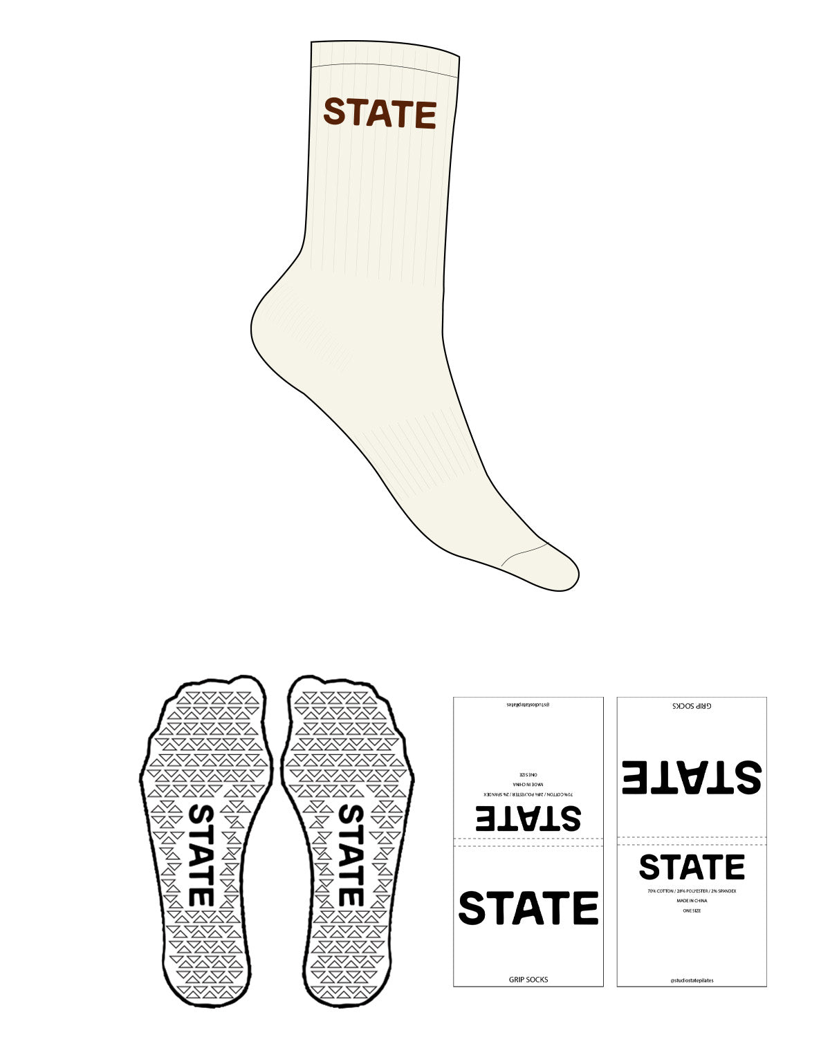 The Crew Sock - Off White - State Pilates - Top Logo Text - Embroidered - Dark Rust - Triangle Shape Grip - Transparent