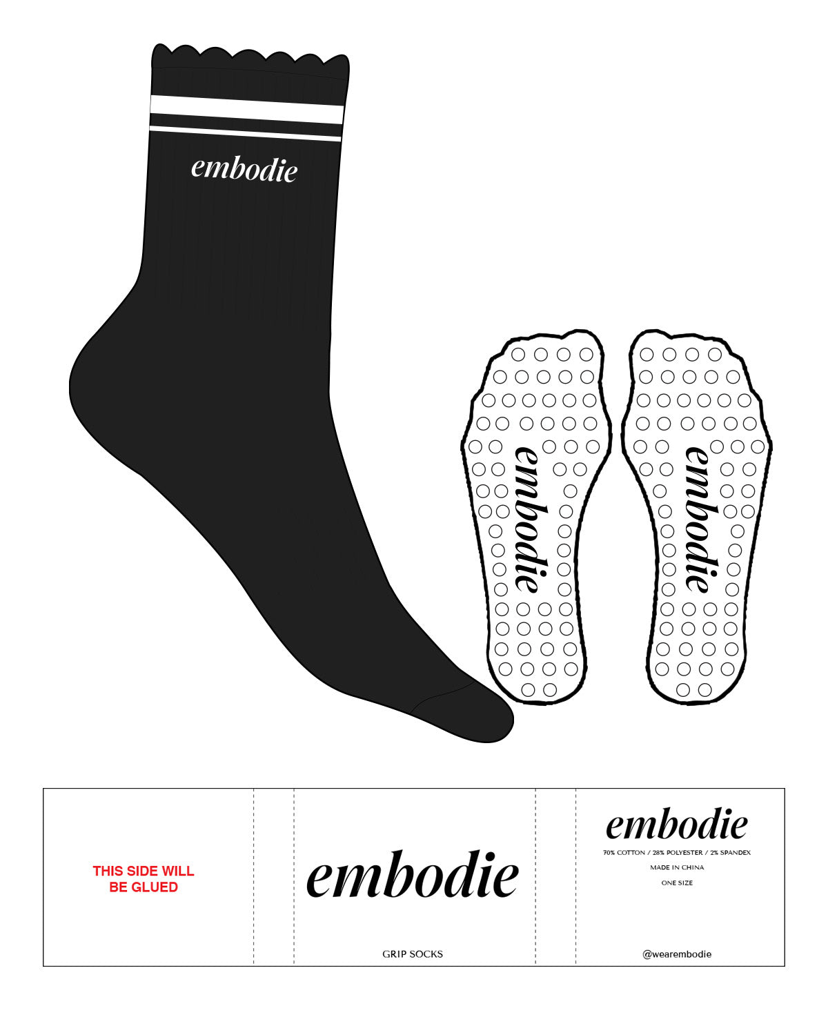 The 3/4 Crew Sock - Black - Embodie - 2 Stripes - White - Text - Embroidered - White - Circle Grip - White