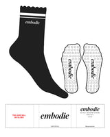 The 3/4 Crew Sock - Black - Embodie - 2 Stripes - White - Text - Embroidered - White - Circle Grip - White