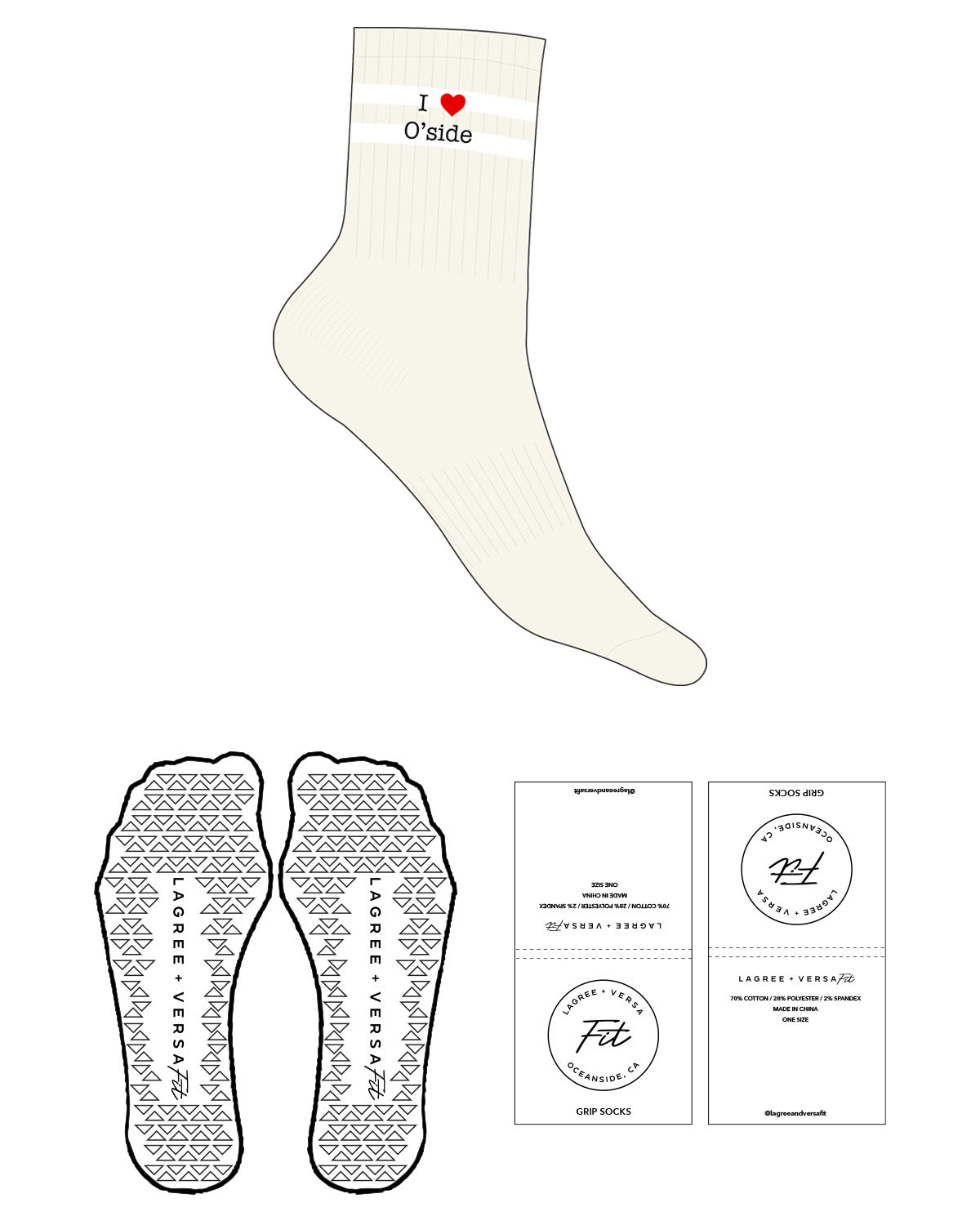 The 3/4 Crew Sock - L118 Thread Color - Top Logo - I ♥ O'Side - Embroidered - Full Color - Triangle Shape Grip - Black