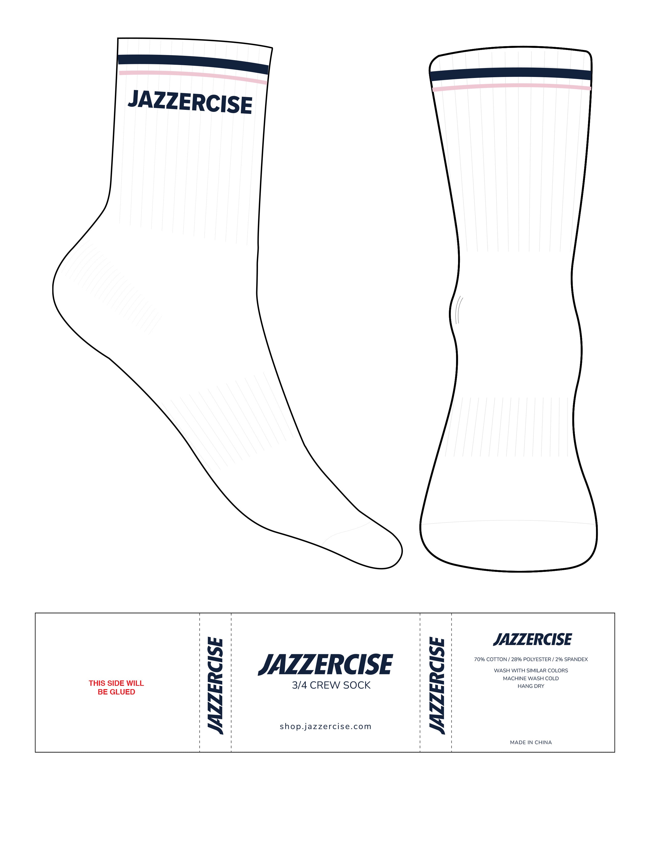 The 3/4 Crew Sock - White - Jazzercise - 2 Stripes - Navy & Pink - Top Logo - Navy - No Grip