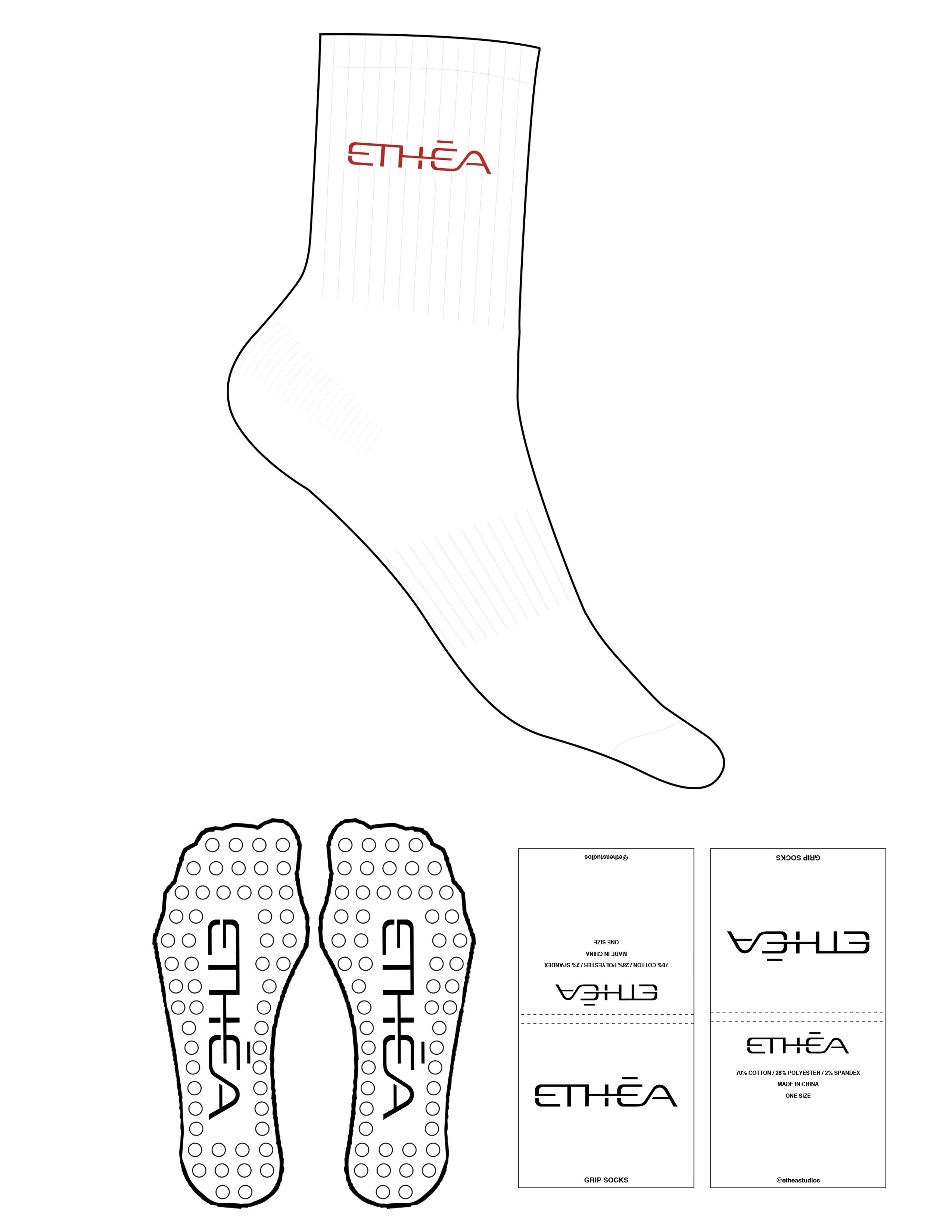 The 3/4 Crew Sock - White - ETHEA - Top Logo - Embroidered - Red - Circle Grip - Red