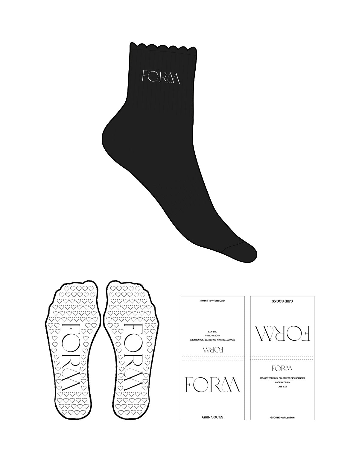 The 3/4 Crew Sock - Black - FORM CHARLESTON - Top Icon- Embroidered - White Heart Grip - White