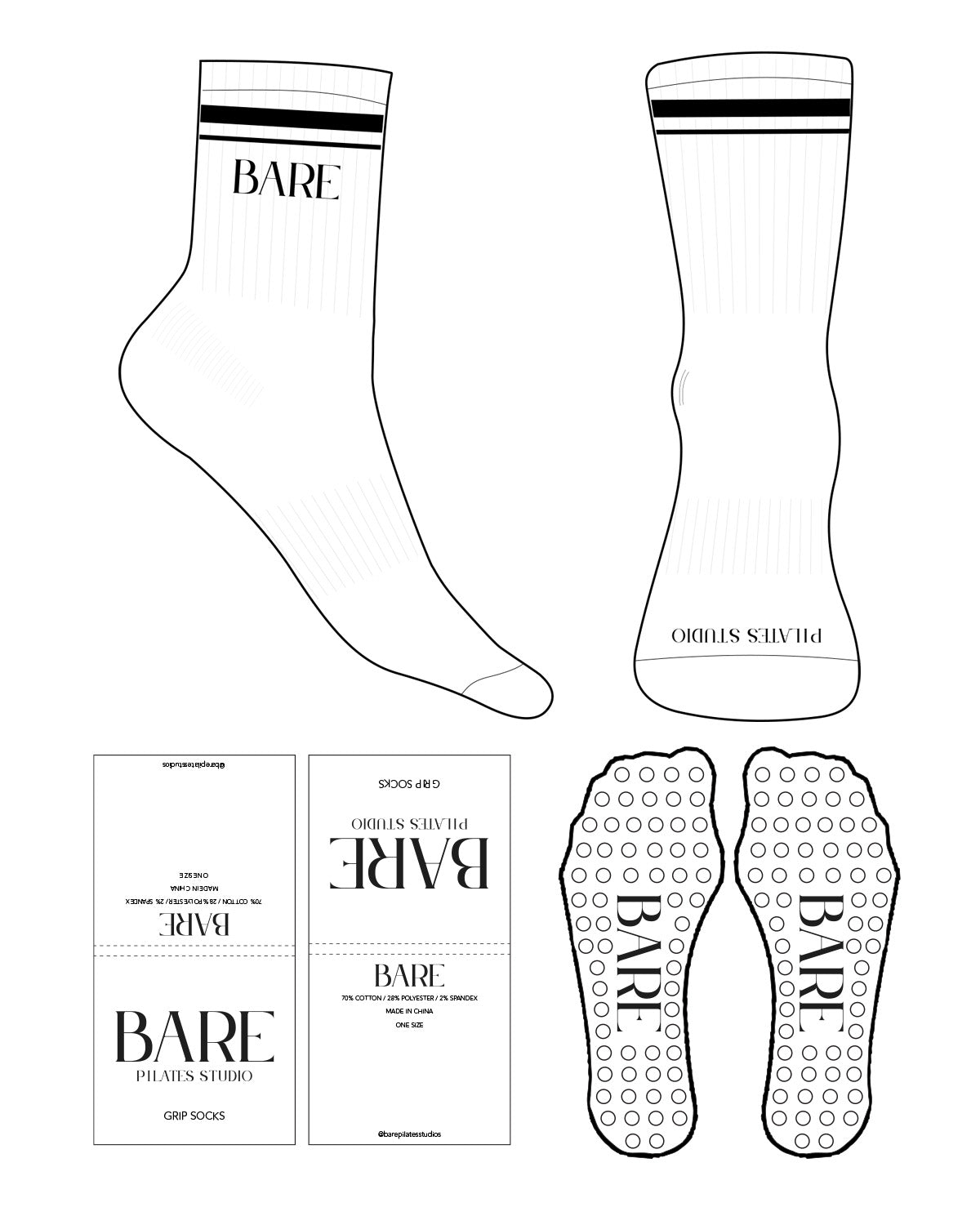 The 3/4 Crew Sock - White - Bare Pilates - 2 Strips - Top & Front Logo - Black - Circle Shape Grip - Black