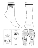 The 3/4 Crew Sock - White - Bare Pilates - 2 Strips - Top & Front Logo - Black - Circle Shape Grip - Black