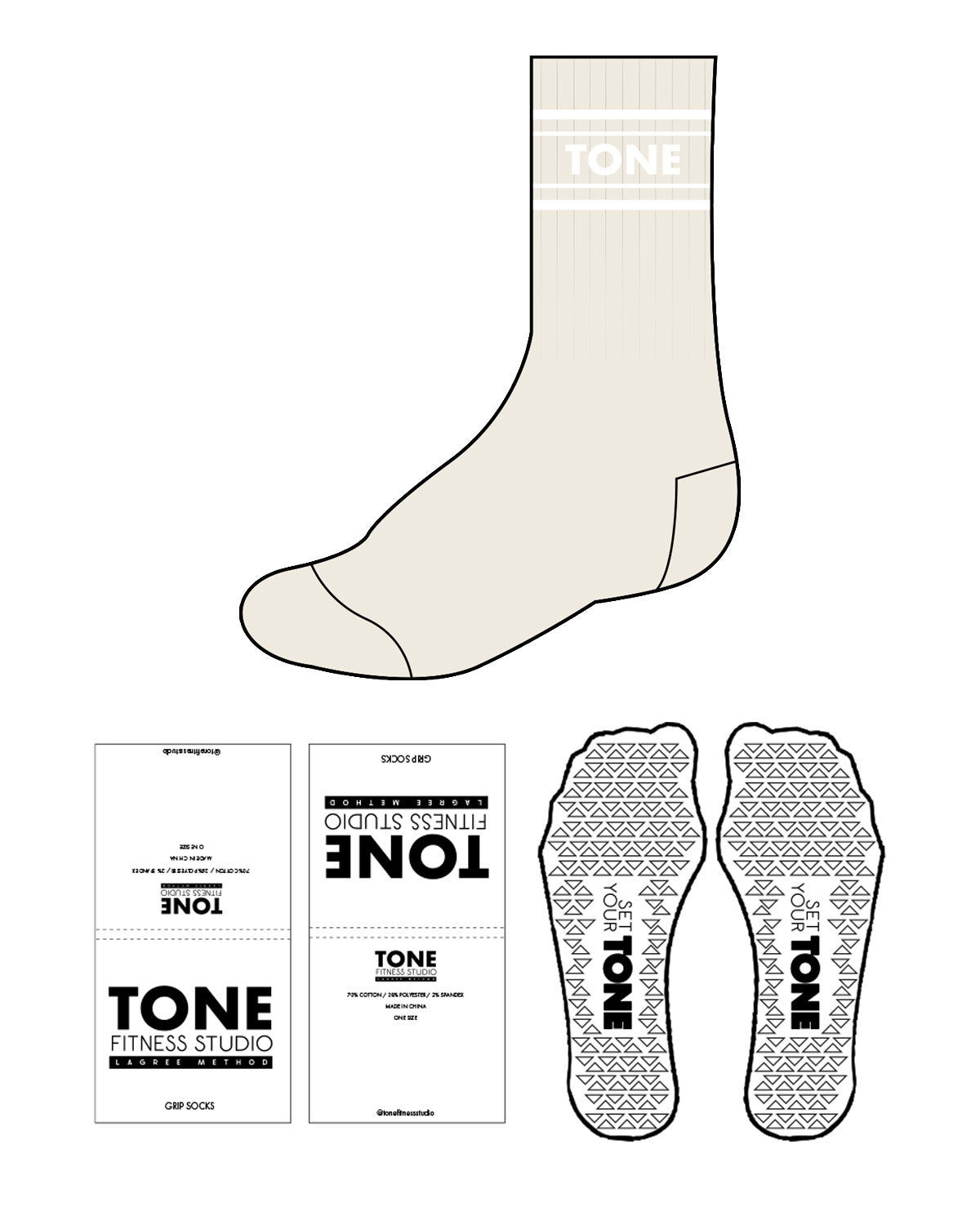 The Crew Sock - Off White - Tone Fitness Studio - 4 Lines - Center Text - White - Triangle Shape Grip - Transparent