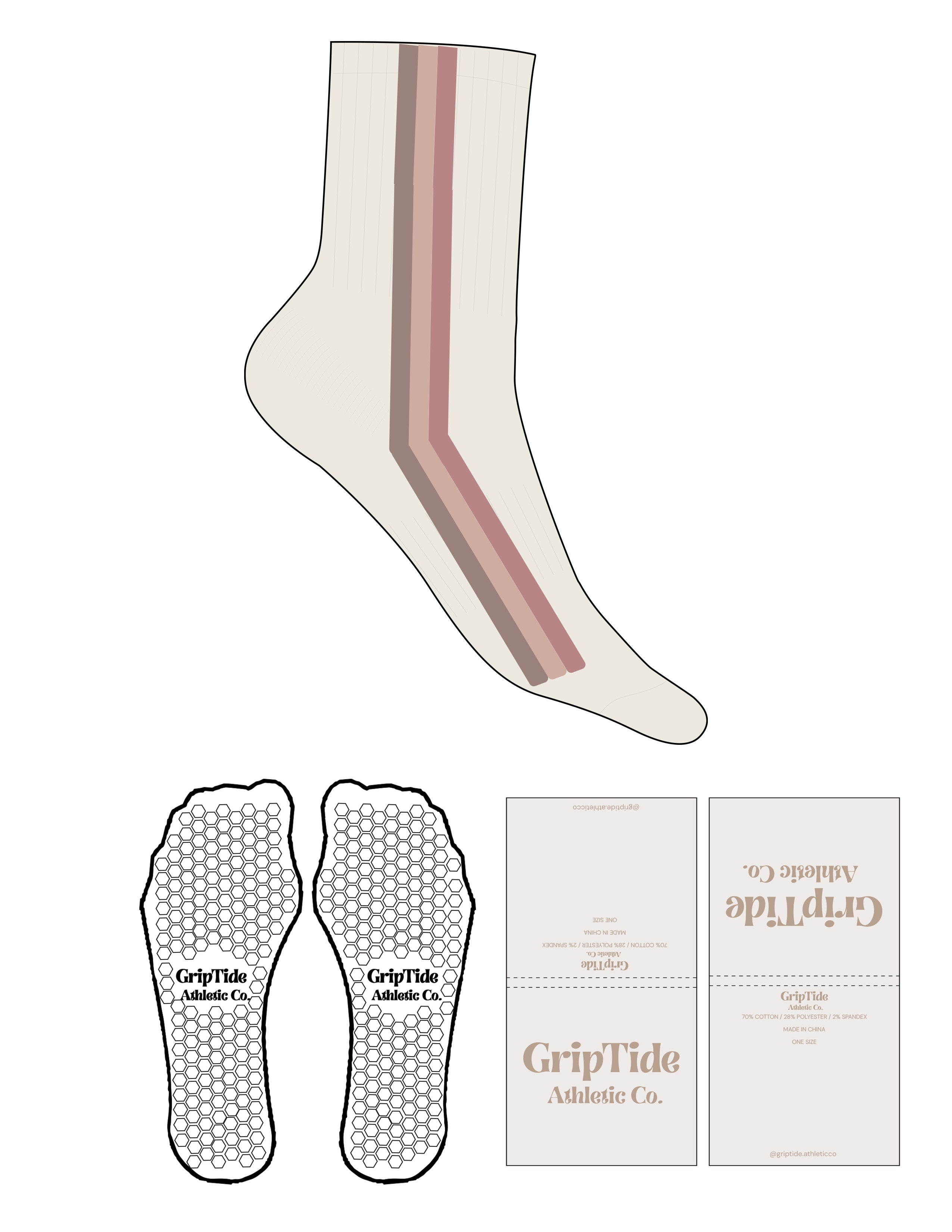 The 3/4 Crew Sock - Off White - GripTide - Line Stripes - Full Color - Hexagon Grip - Mauve