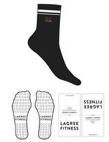 The 3/4 Crew Sock - Black - Lagree Fit Expo Rewards - Stripes Printed White - Top Logo Embroidered - Gold - Circle Grip - White