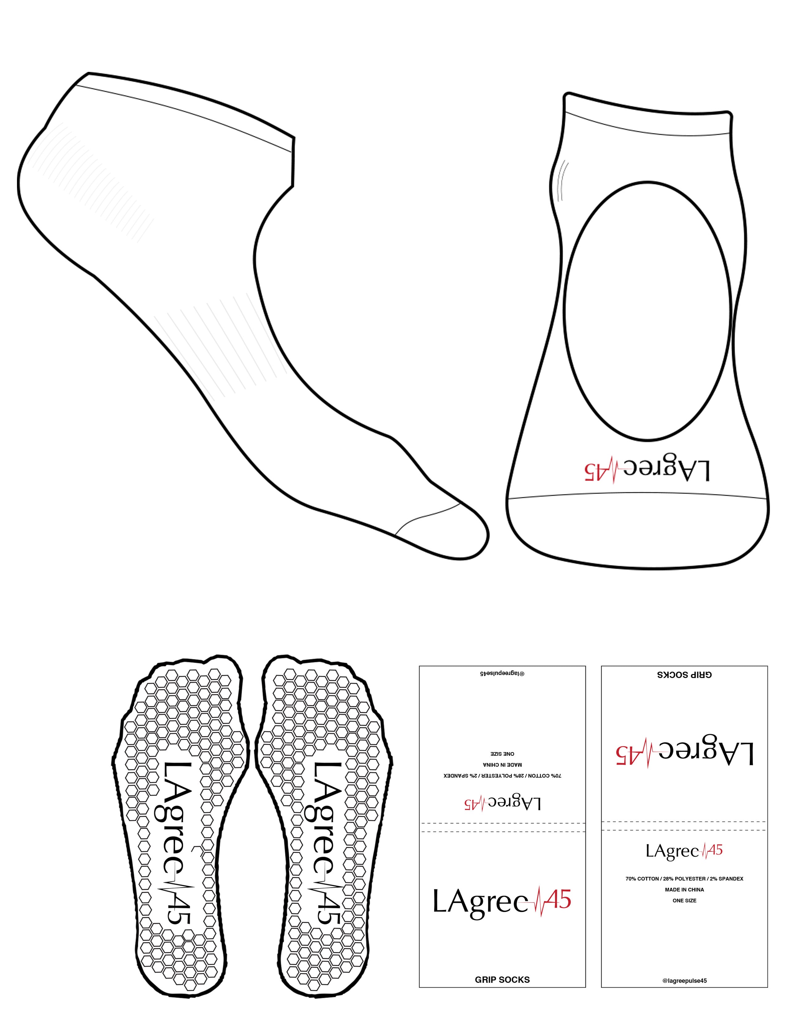 The Ballet Sock - White - Lagree Pulse 45 - Toe Logo - Printed - Full Color - Hexagon Grip - Black