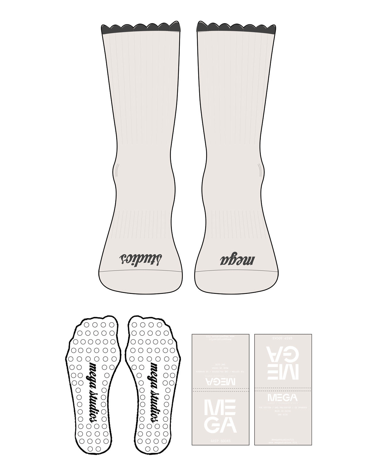 The Crew Sock - Off White - Mega NJ - Front Logos - Charcoal - Circle Shape Grip - Transparent