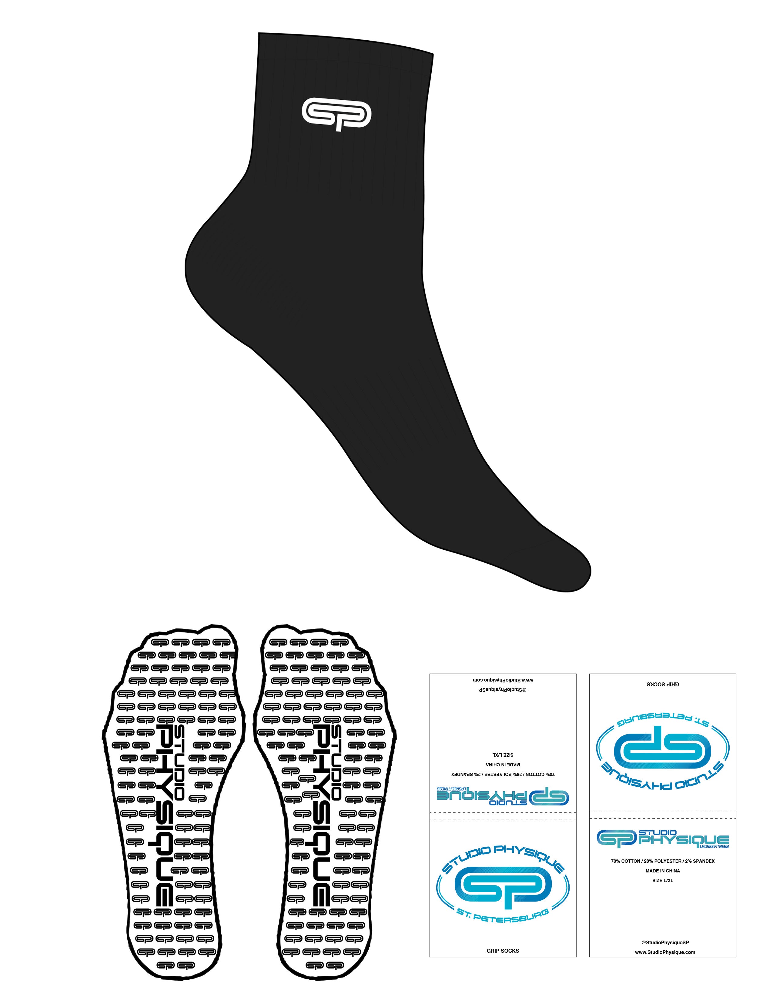 The 1/2 Crew Sock Men Sizing - Black - Studio Physique - Top Logo - Embroidered - White - Custom Icon Grip - Black