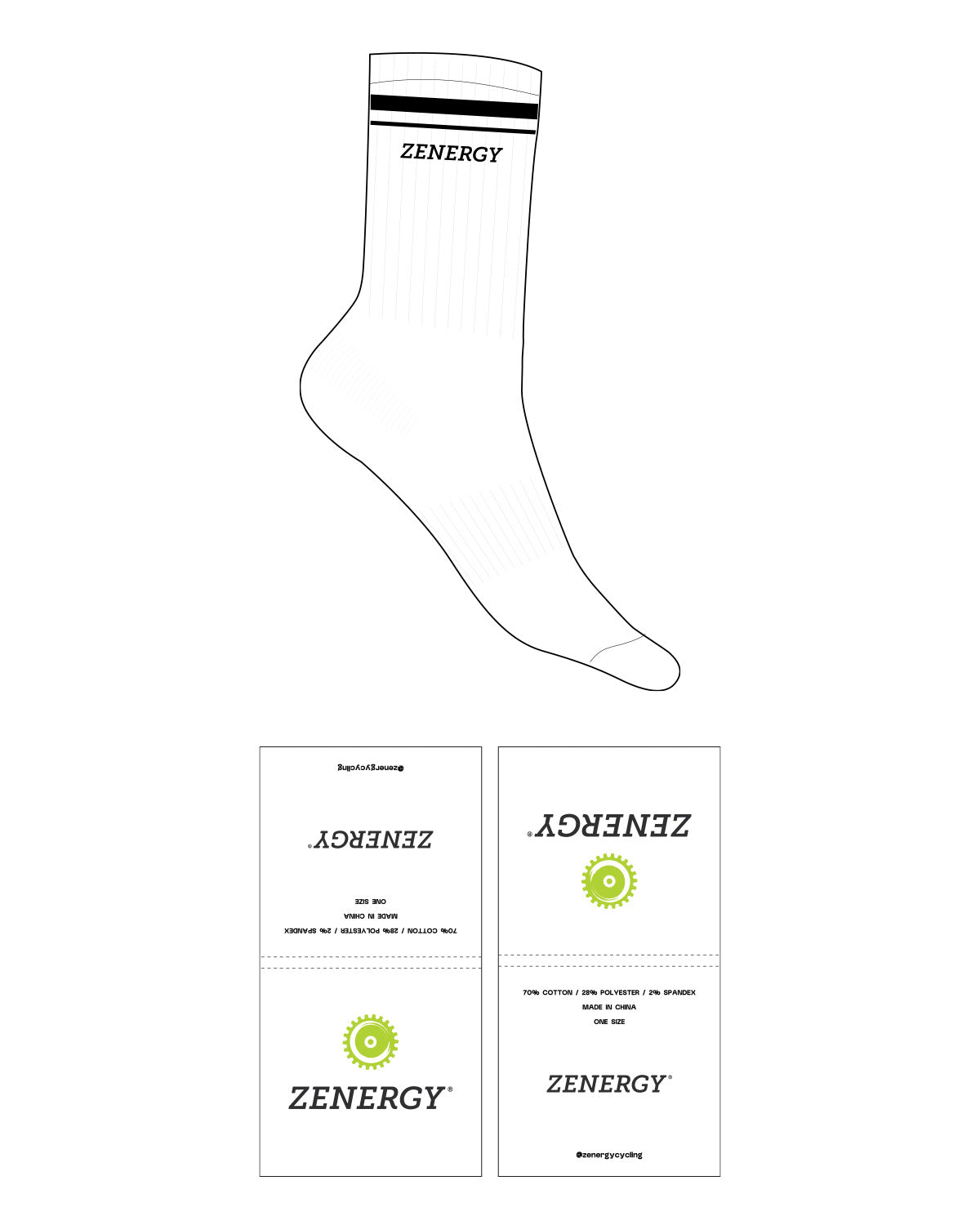 The Crew Sock - White - ZENERGY CYCLING - 2 Lines - Text - Black