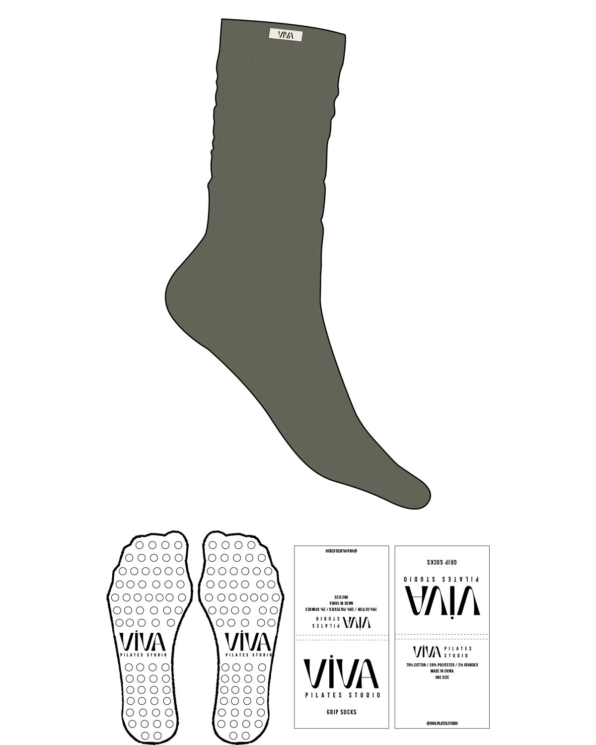 The Slouch Sock - Cypress - Viva Pilates - Sew on Logo - Circle Shape Grip - Transparent