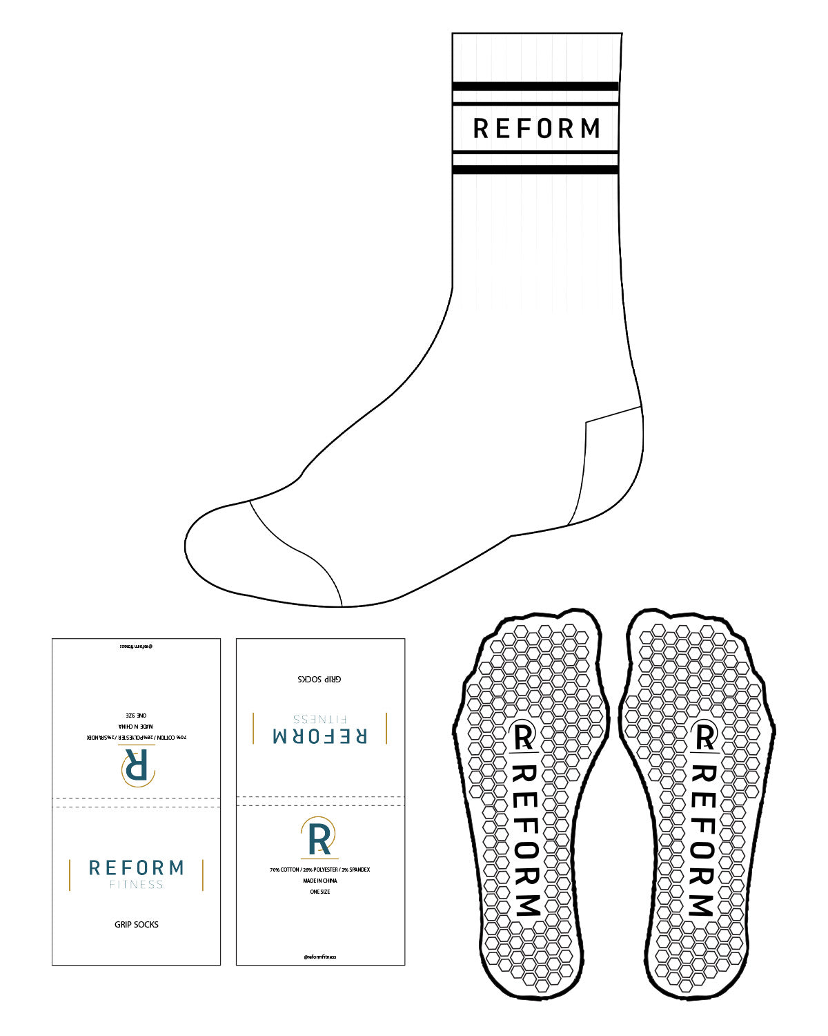 The Crew Sock - White - Reform Fitness - 4 Border Lines - Text - Black - Hexago Shape Grip - Black
