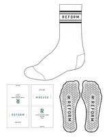 The Crew Sock - White - Reform Fitness - 4 Border Lines - Text - Black - Hexago Shape Grip - Black