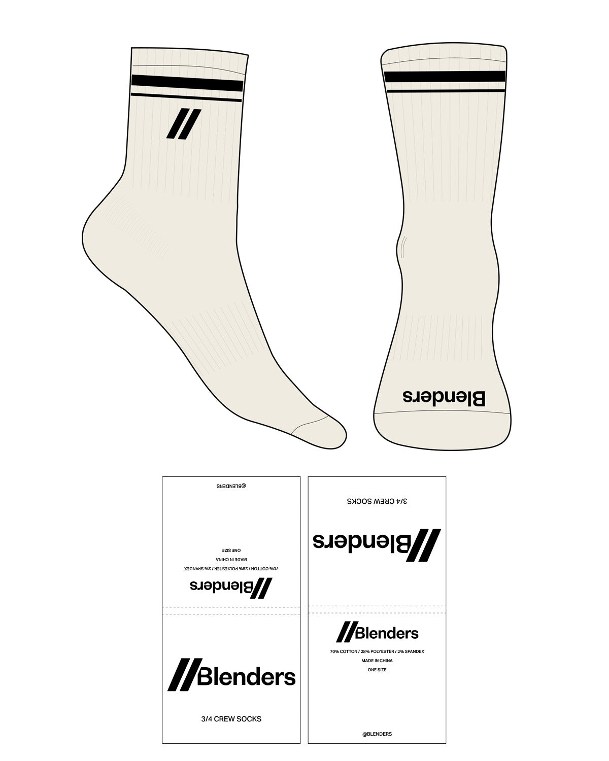 The 3/4 Crew Sock - Off White - Blenders - 2 Strip - Top and Front Logo - Embroidered - Printed - Black