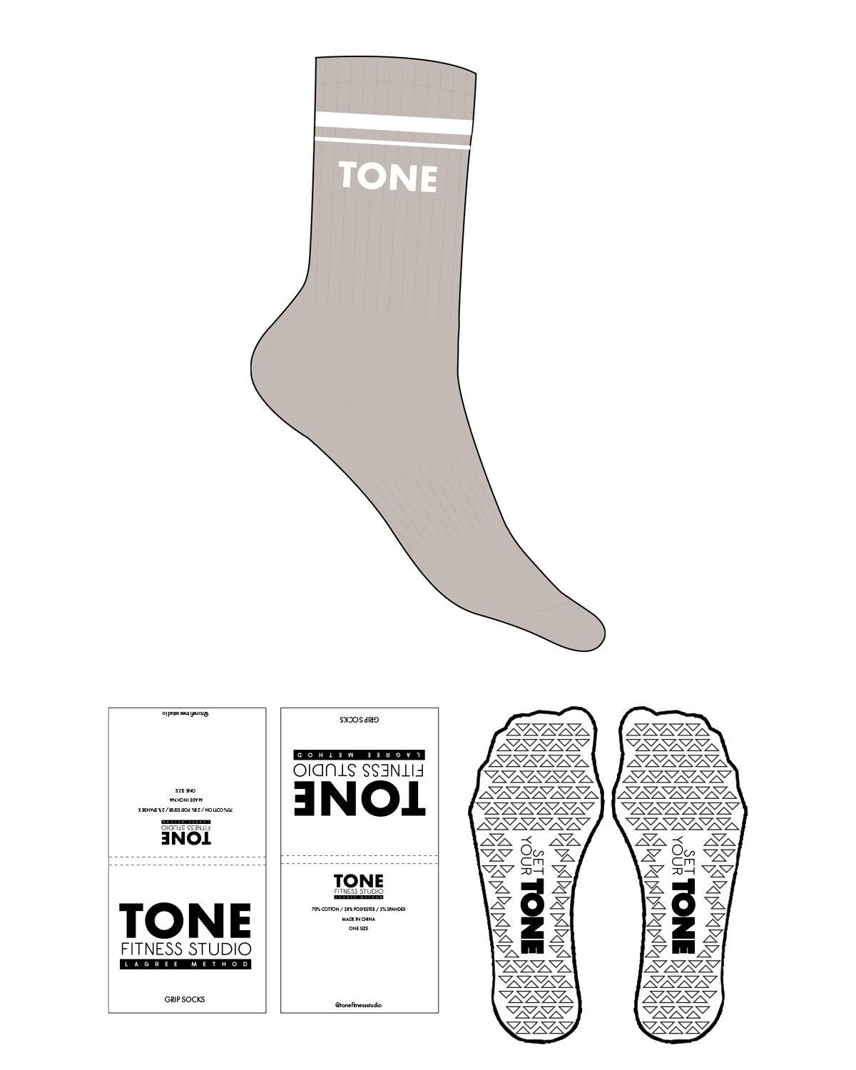 The Crew Sock - Oat Milk - Tone Fitness Studio - 2 Stripes - Ankle Text - White - Triangle Grip - White