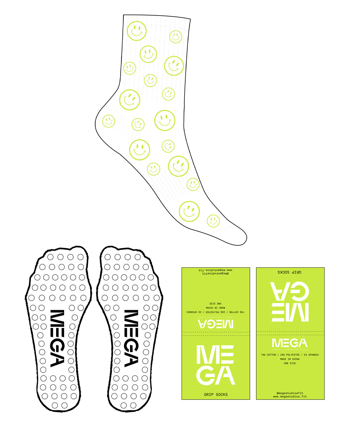 The 3/4 Crew Sock - White - Mega NJ - Full Sock - Smiley - Neon - Circle Shape Grip - Neon