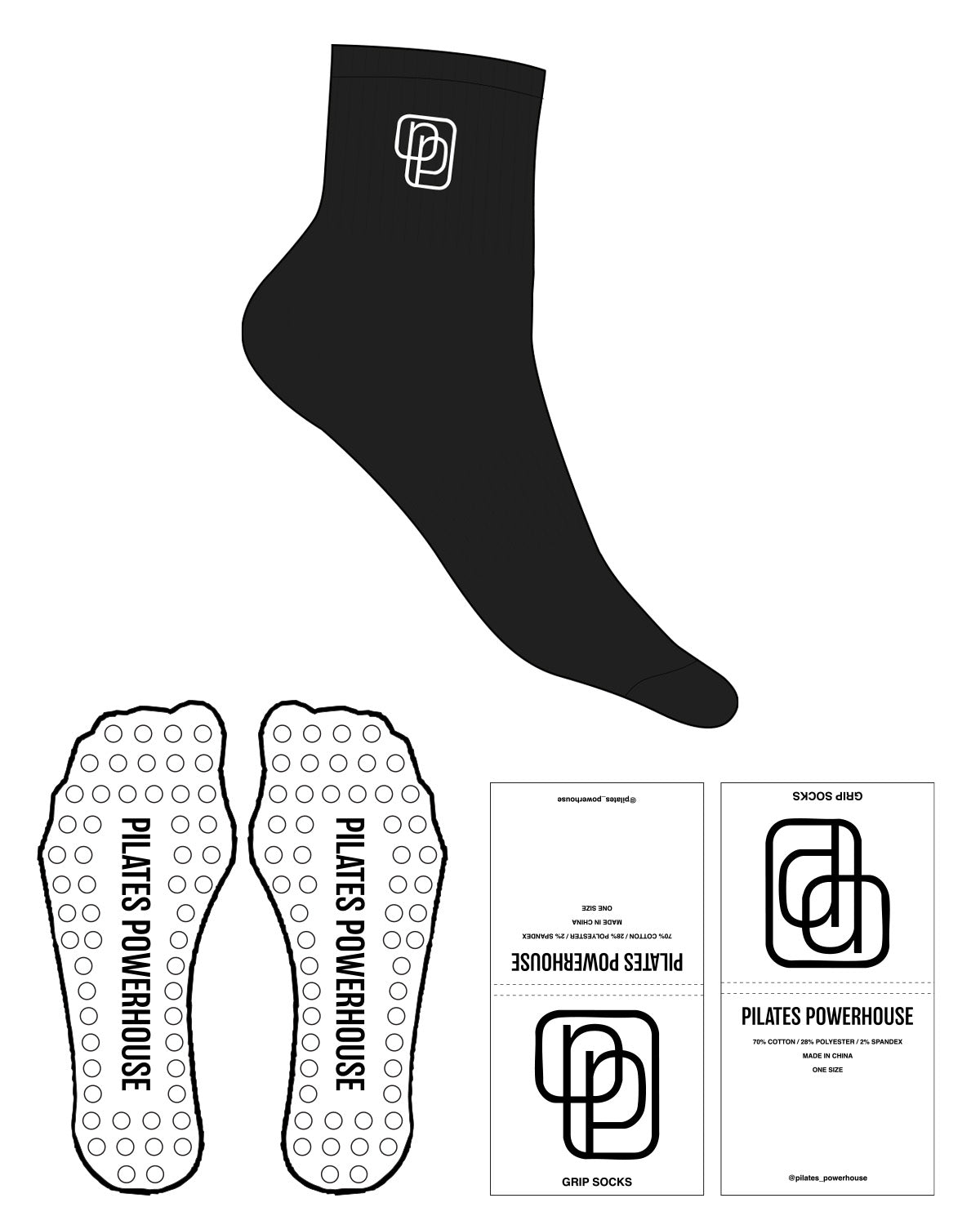 The 1/2 Crew Sock - Black - Pilates Powerhouse - Top - Icon - White - Circle Shape Grip - White