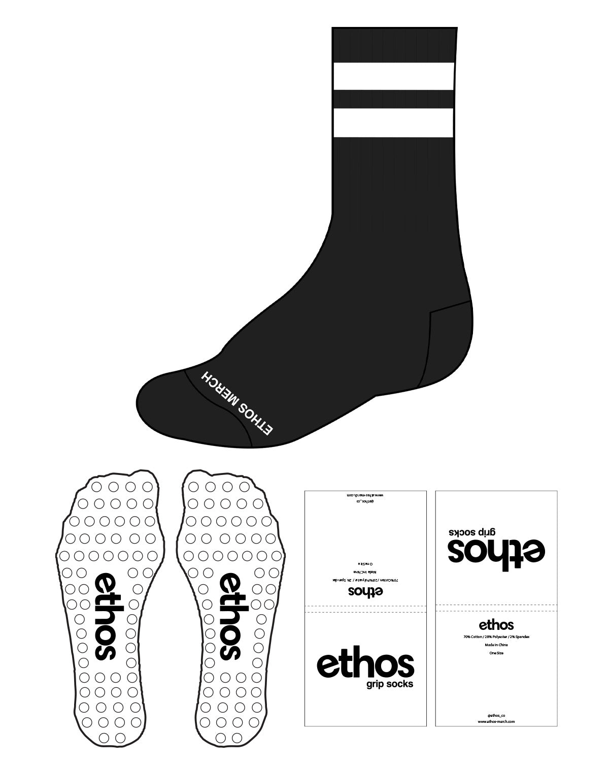 The Crew Sock - Black - Ethos Socks - Top 2 Lines & Bottom Text - Whte - Circle Shape - White Grip