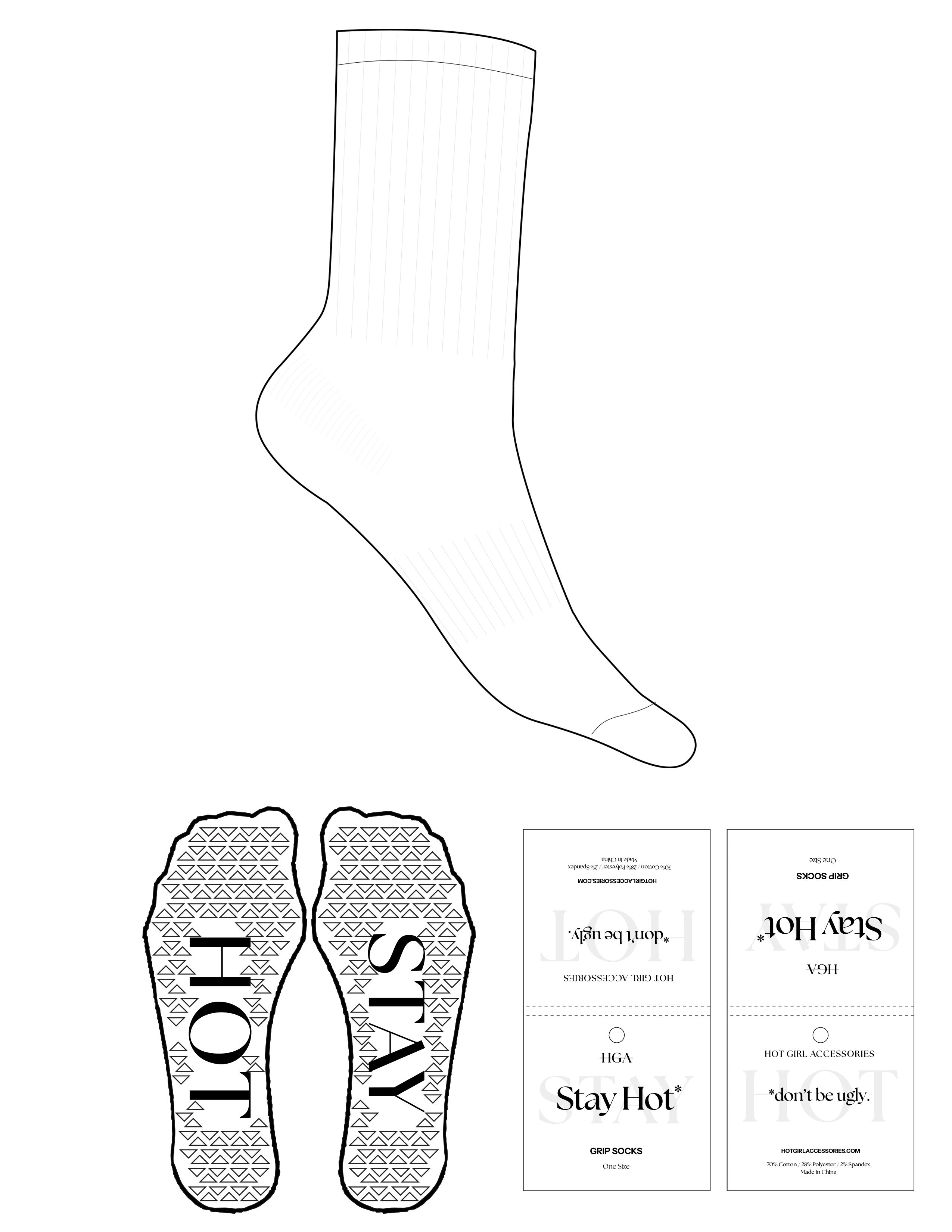 The Crew Sock - White - H.G Accessories - Plain - Triangle Shape Grip - "HOT & STAY" - Black