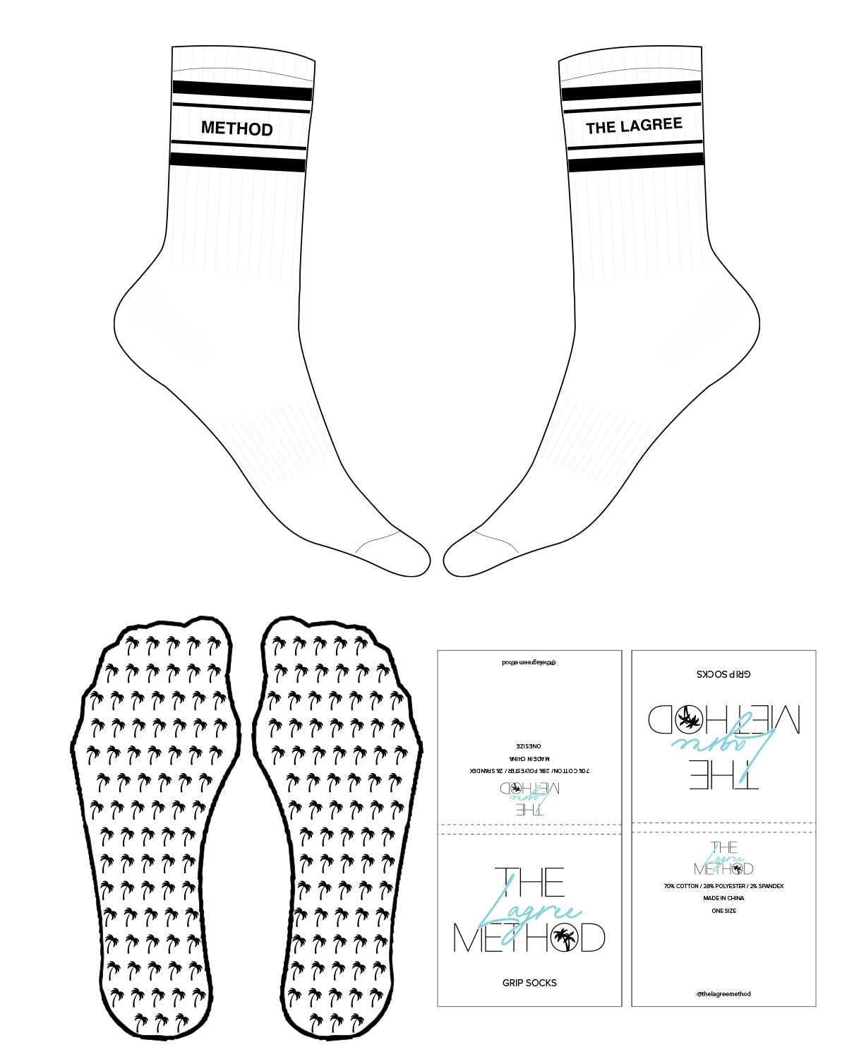 The Crew Sock - White - The Lagree Method - 4 Strip - Left & Right Logo Between Strips - Black - Palm Tree Grip - Black