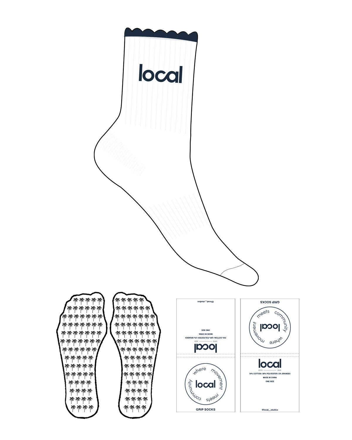The 3/4 Crew Sock - White - Local Lagree - Top Icon - Midnight - Embroidered - Tree Shape Grip - Transparent