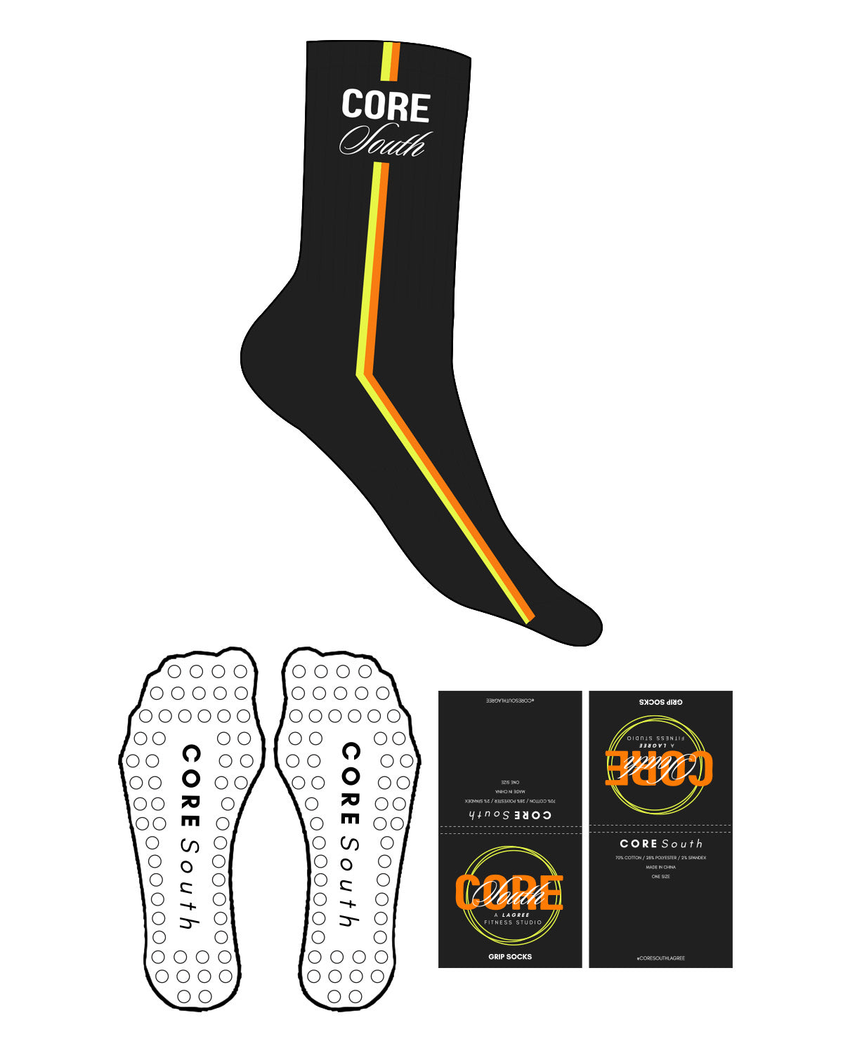 The Crew Sock - Black - Core South Lagree - Top Text - Line Top To Bottom - Full Color - Circle Shape Grip - Transparent