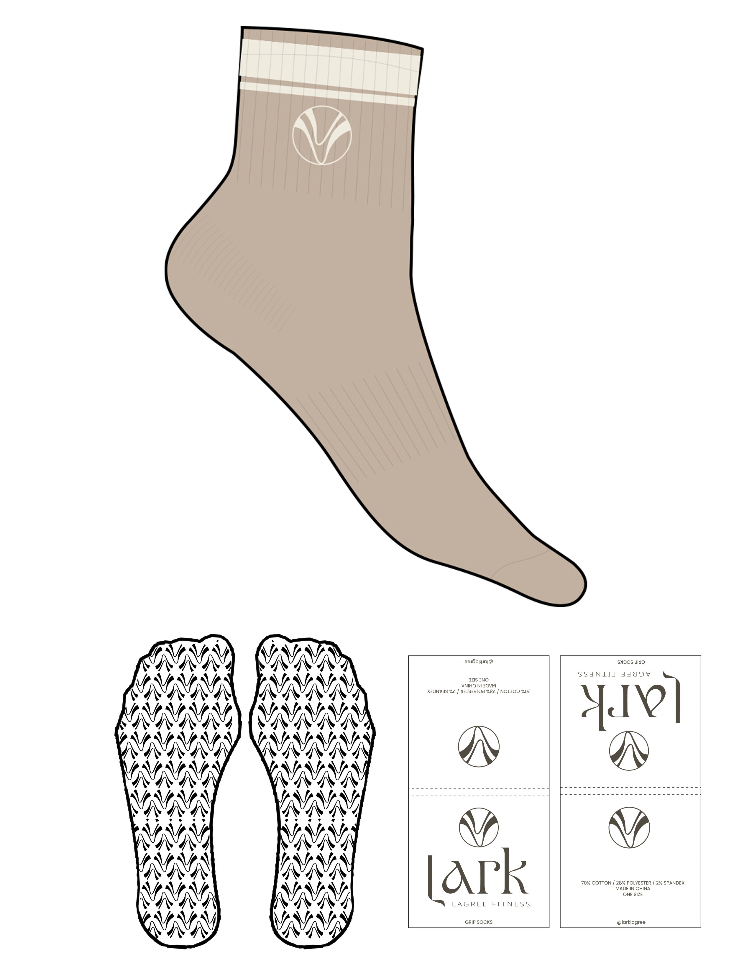 The 1/2 Crew Sock - Fawn -  Pure Movement LARK - 2 Stripes - Top Logo Round Embroidered - Off White - Custom Grip - Transparent