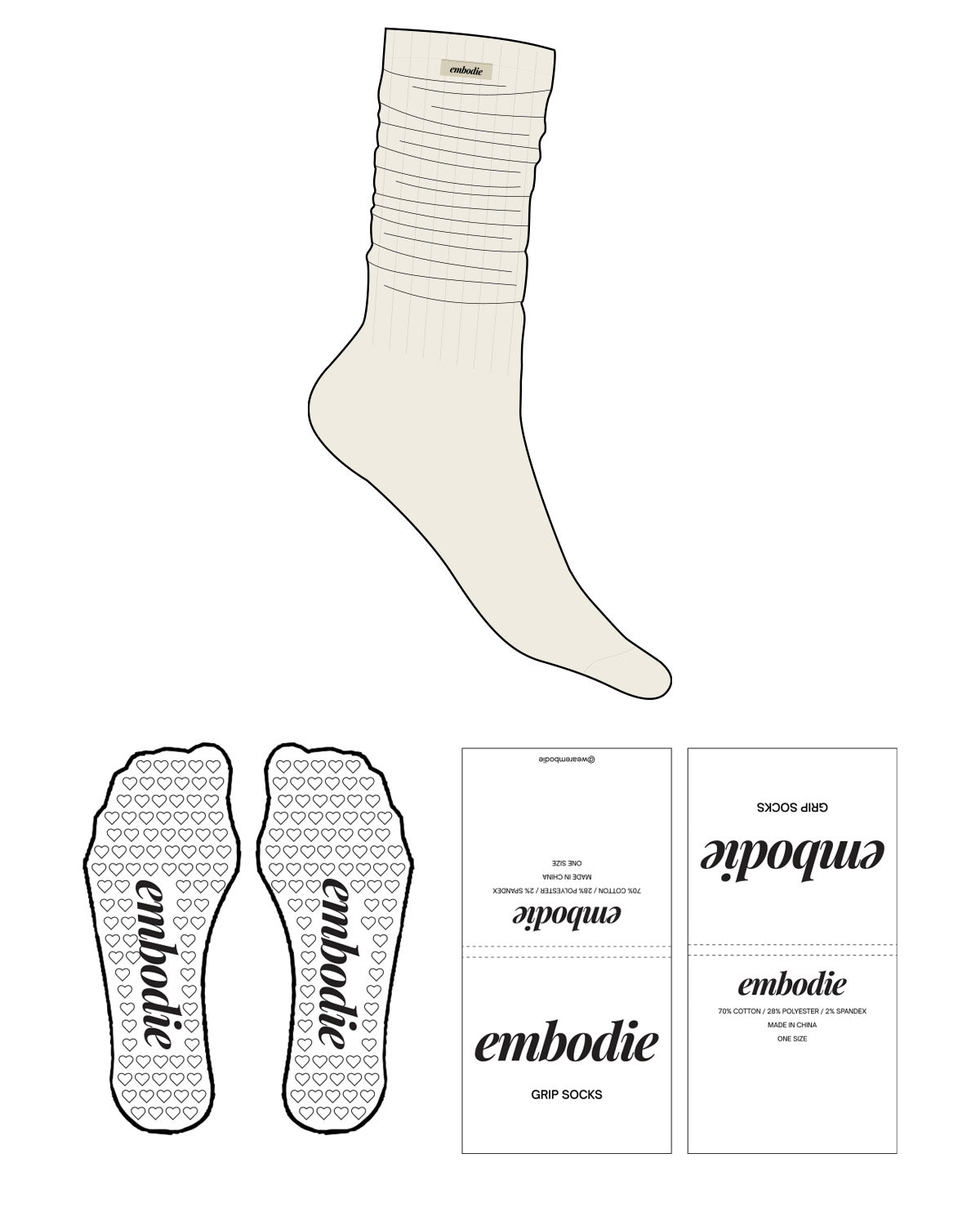 The Slouch Sock - Off White - Embodie - Top "embodie" Logo - Black - Heart Shape Grip - Transparent