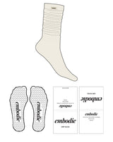 The Slouch Sock - Off White - Embodie - Top "embodie" Logo - Black - Heart Shape Grip - Transparent