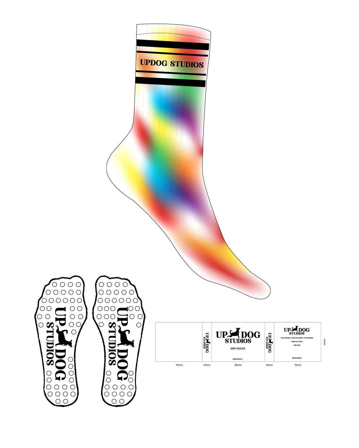 The Crew Sock - Tie Dye Multi - Updog Yoga - 2 Stripe & Text - Printed - Black - Circle Grip - Black