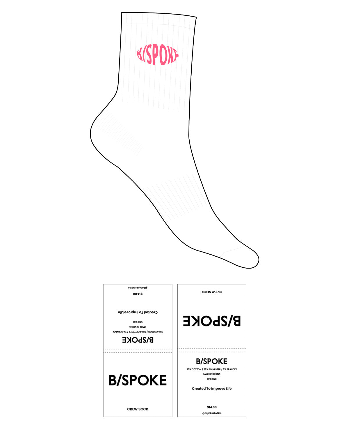 The 3/4 Crew Sock - White - BSPOKE - Top Logo - Embroidered - Hot Pink