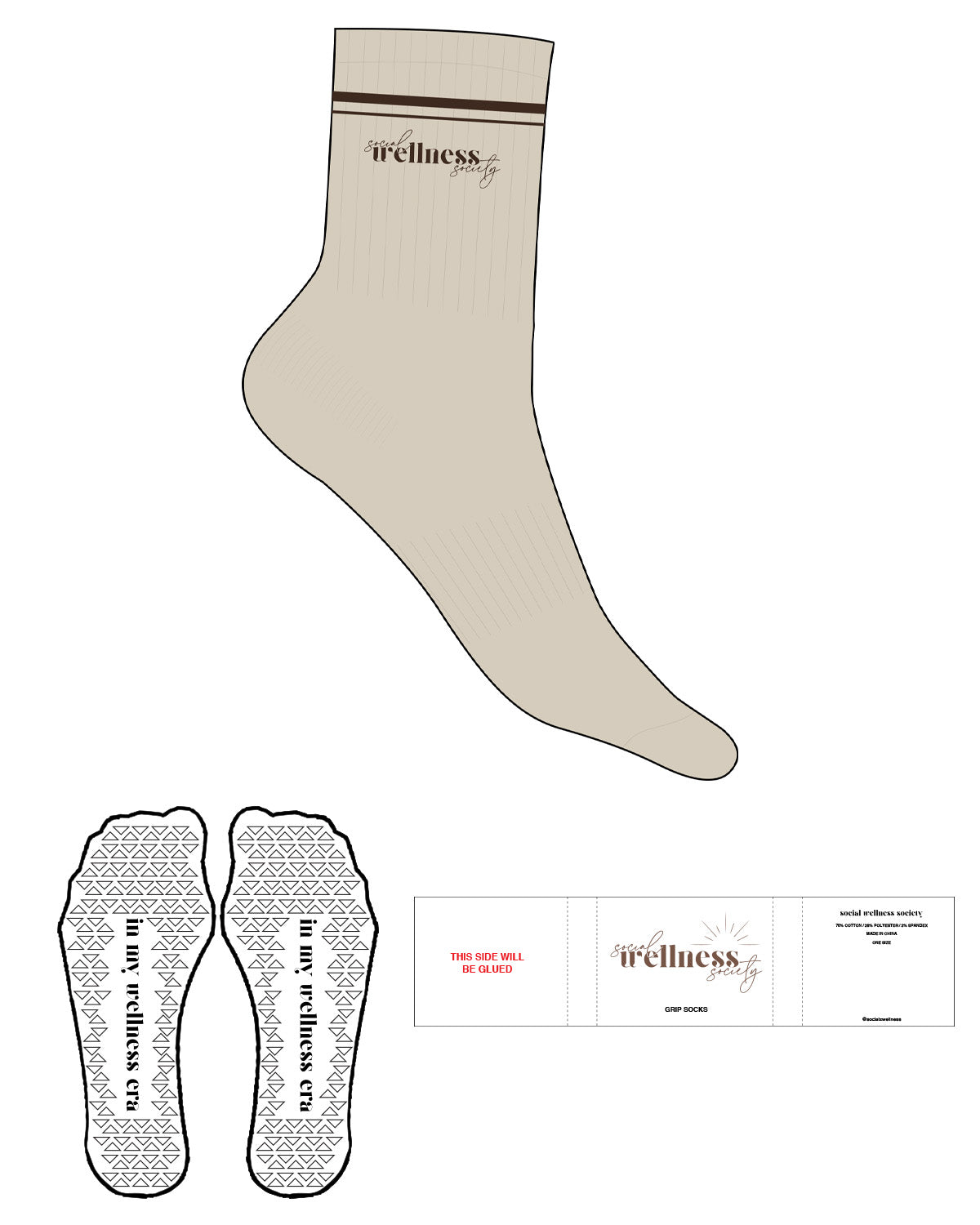 The 3/4 Crew Sock - Sand - SWS - Top Logo Stacked - Embroidered - 2 Stripes - Chocolate - Triangle Shape Grip - Chocolate