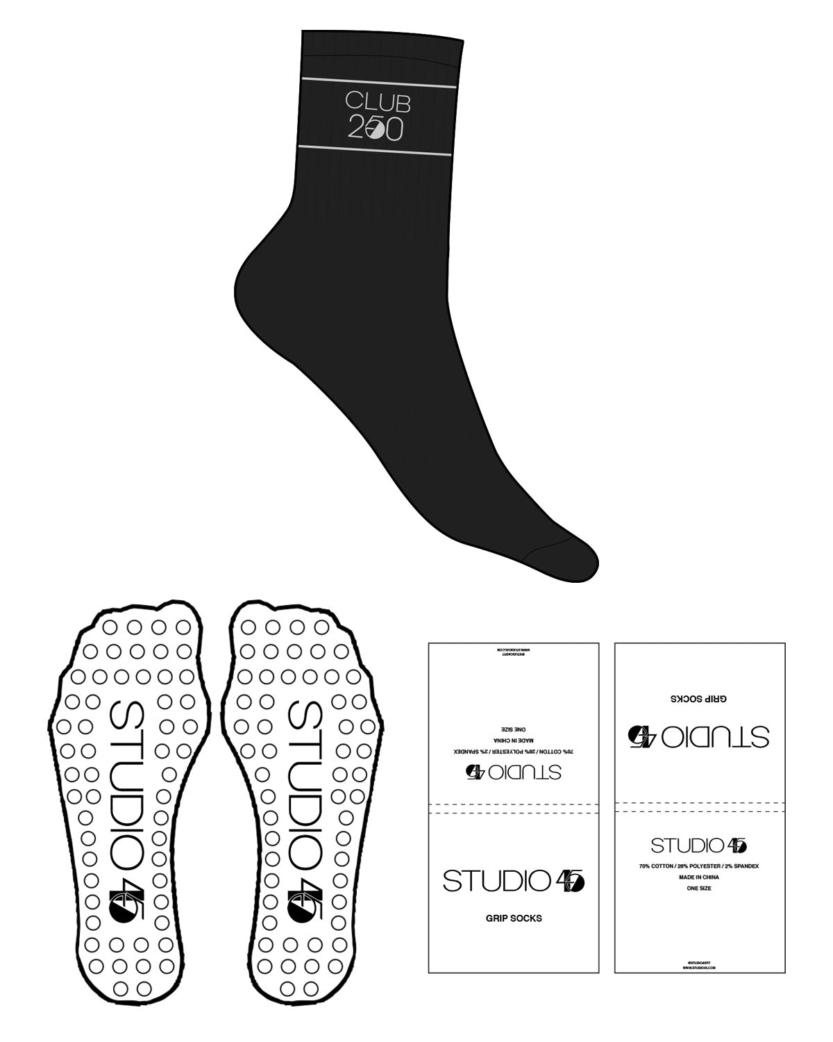 The 3/4 Crew Sock - Black - Studio 45 - Border Lines - Text In Between - Club 250 - Silver - Circle Shape Grip - Transparent
