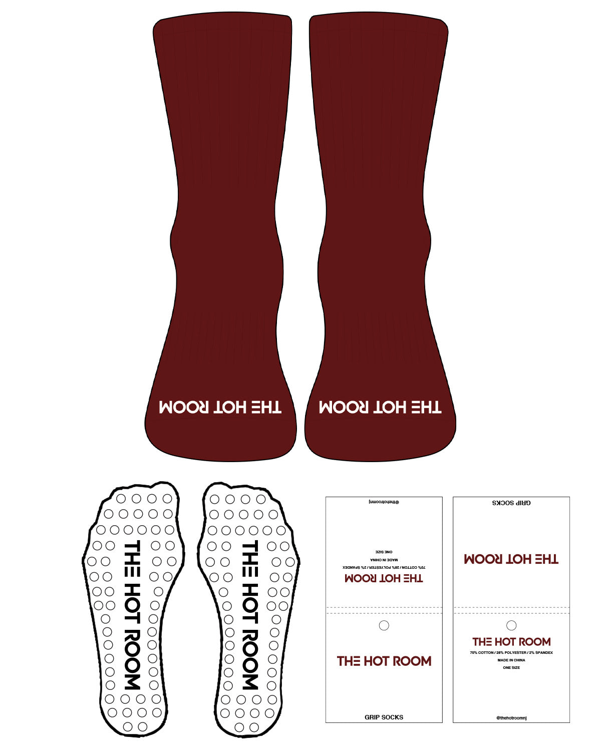 The 3/4 Crew Sock - Maroon - The Hot Room - Toe Logo - Off White - Circle Shape Grip - Transparent