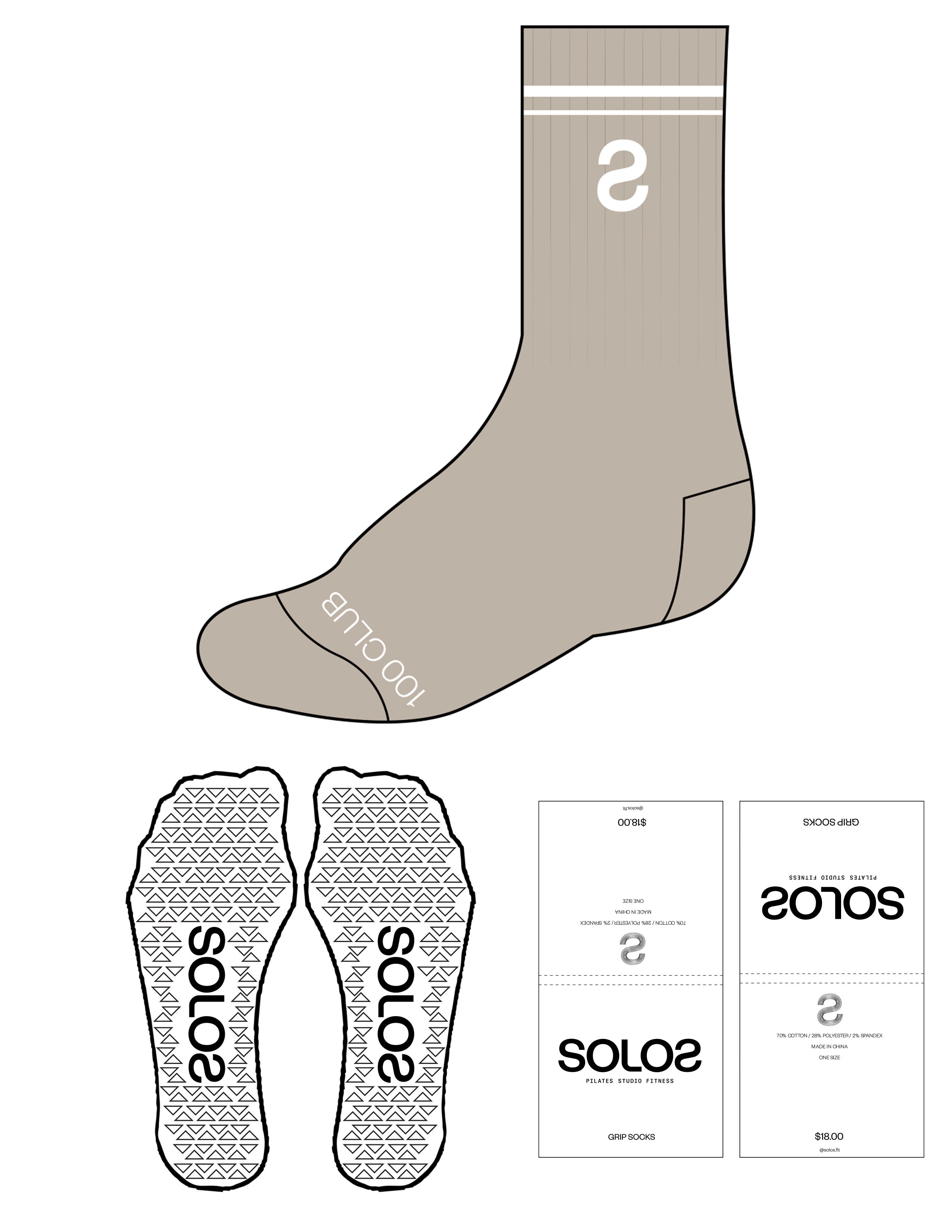 The Crew Grip Sock - Tan - Solo Pilates - White Logos / White Bands / White Grip