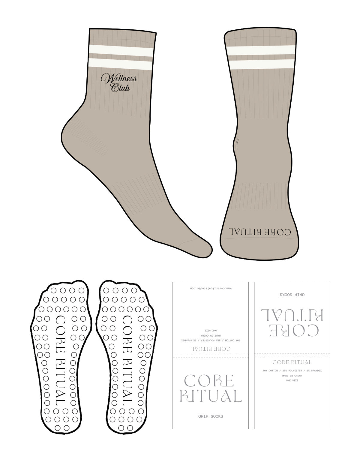 The 3/4 Crew Sock - Tan - Core Ritual - 2 Strip - Top & Front Logo - Full color - Circle Shape Grip - Transparent
