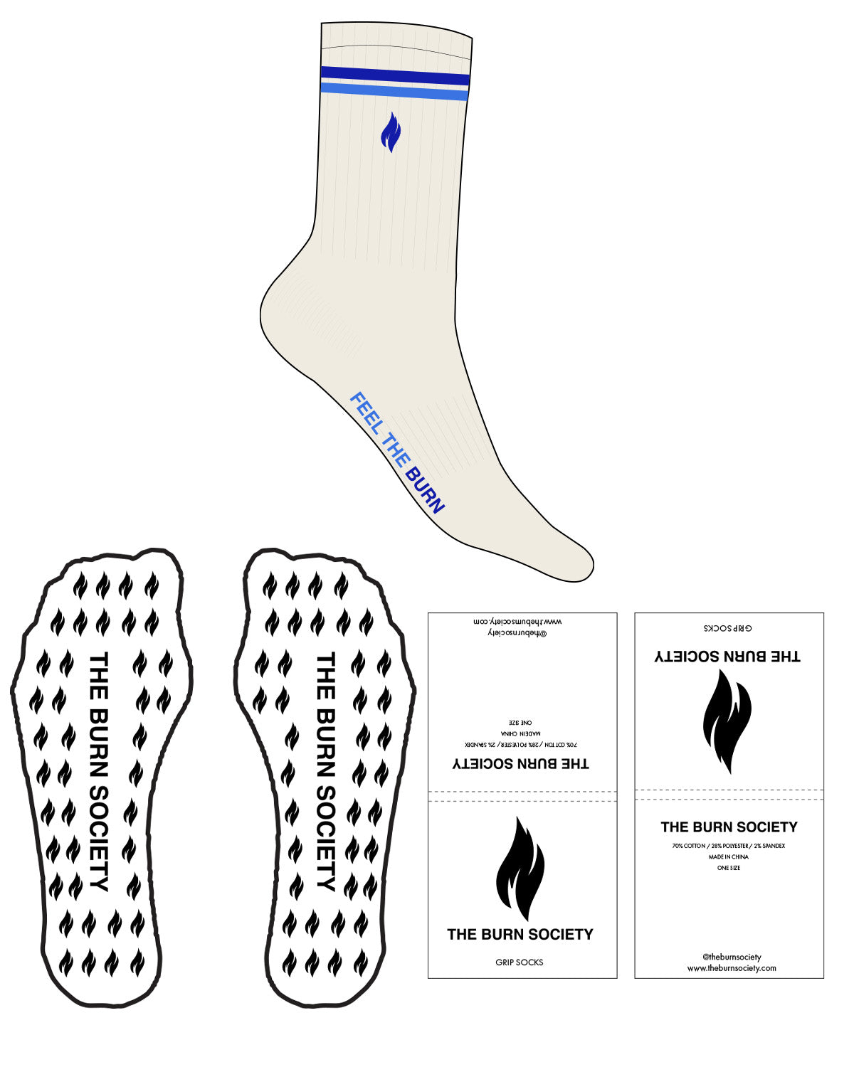 The Crew Sock - Off White (L1 18) - The Burn Society - Top Flame Logo and Side Feel The Burn - 2 Strips - Light Blue #D77 / Royal Blue #D170 - Flame Shape Grip - Royal Blue #D170