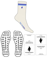 The Crew Sock - Off White (L1 18) - The Burn Society - Top Flame Logo and Side Feel The Burn - 2 Strips - Light Blue #D77 / Royal Blue #D170 - Flame Shape Grip - Royal Blue #D170