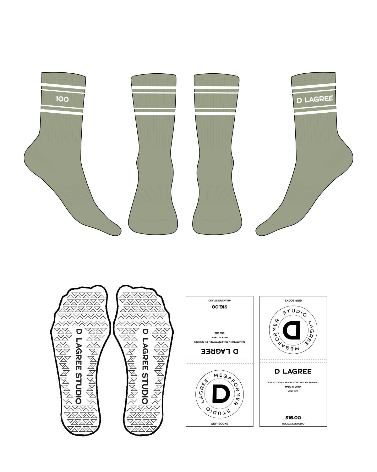 The Crew Sock - Eucalyptus - D Lagree - 4 Strips - Text in Middle Strips - White - Triangle Shape Grip - Transparent