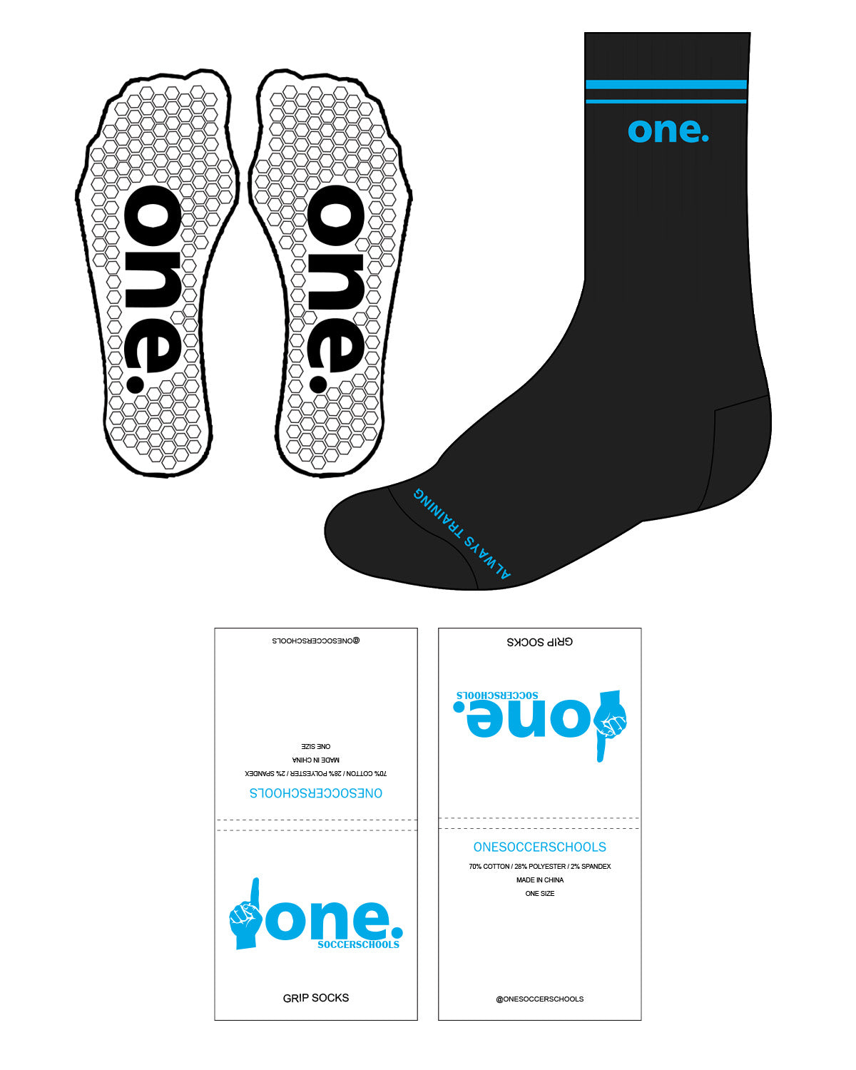 The Crew Grip Sock - Black - One Soccer Schools - Blue Logos & Grip