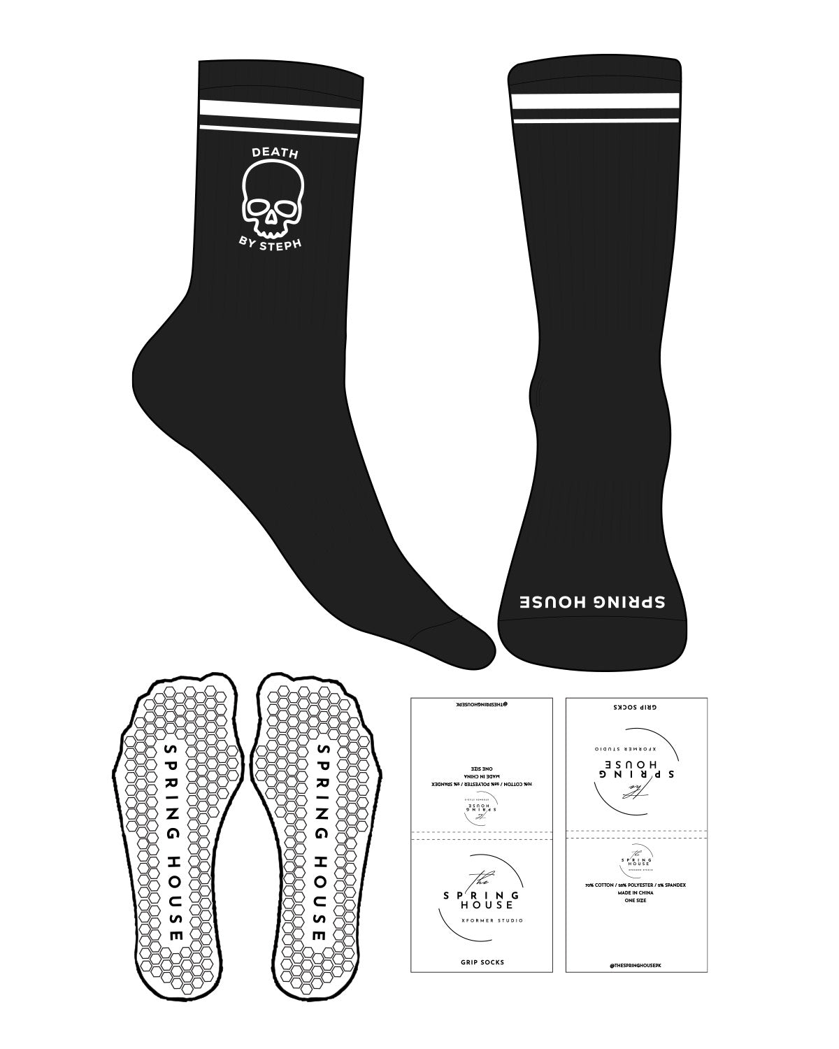 The Crew Sock - Black- Spring House - Dual Strip - "Death by Steph" Skull Logo - White - Grip - White